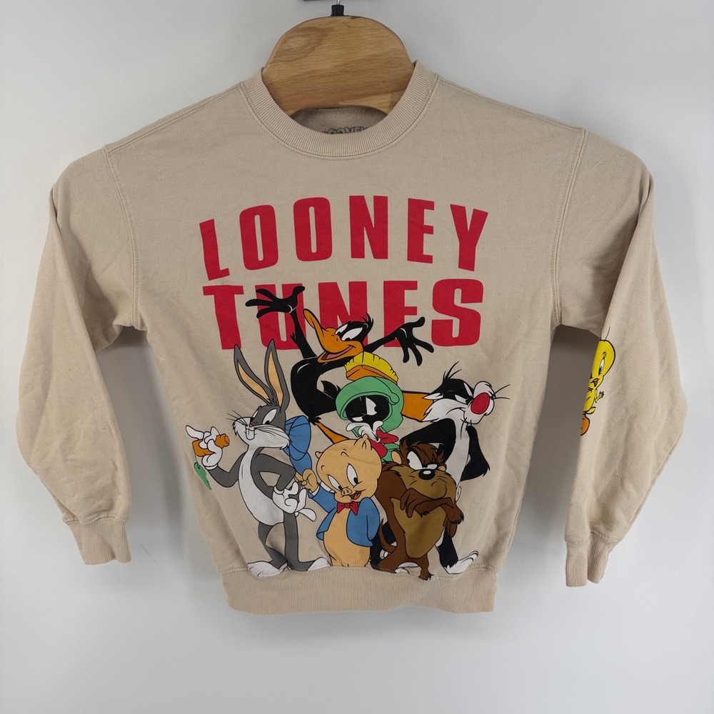 Looney Tunes Graphic Sweatshirt Tan XS Bugs Bunny Daffy Duck Tweety Crewneck